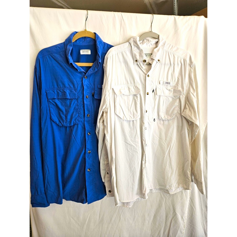 Set of 2 Gander Mountain Guide Series Men's L Blue/White Nylon Fishing Shirts